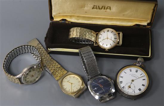 Four various gentlemans wrist watches including a 9ct gold Avia and a pocket watch.